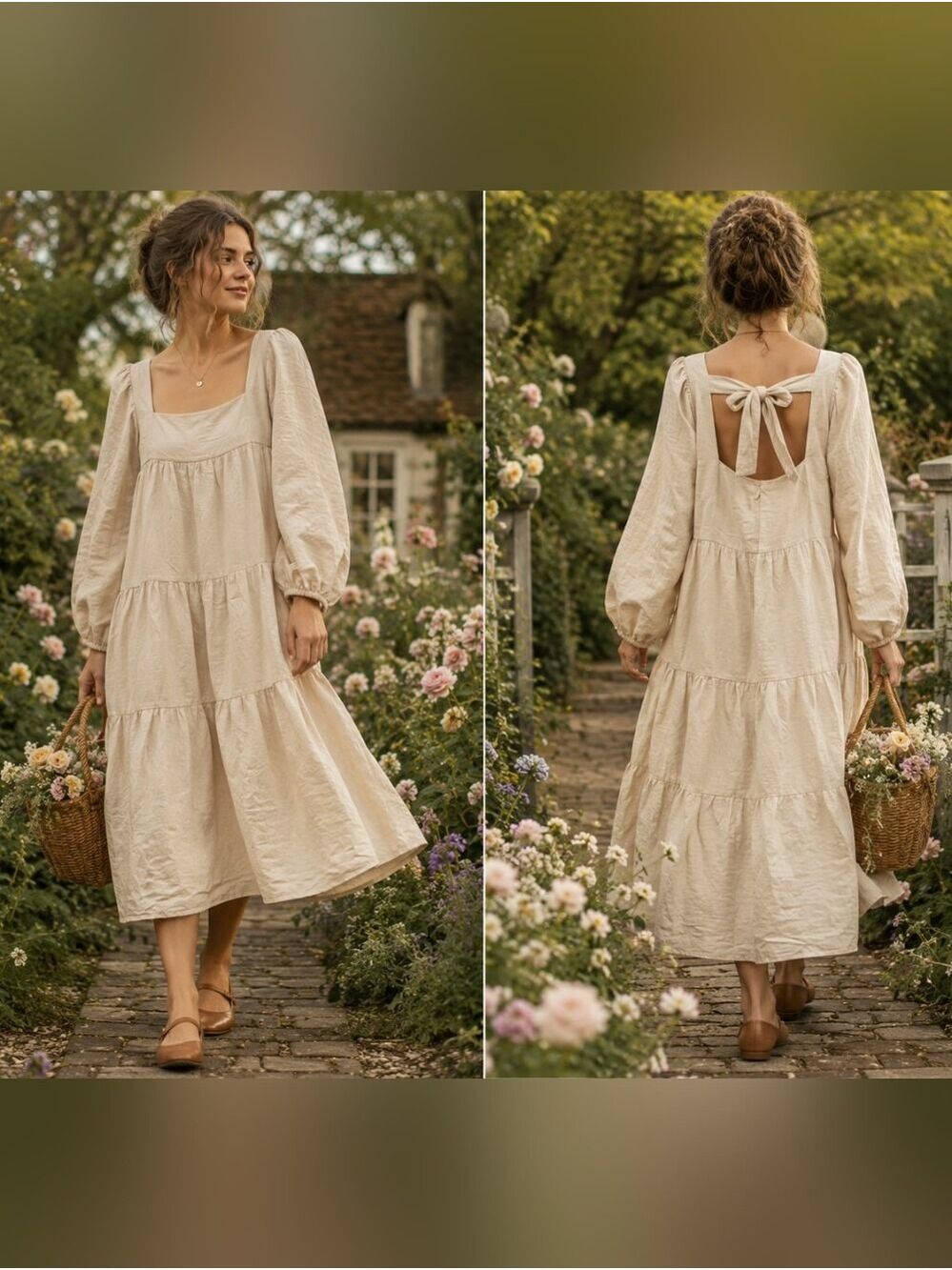 Jacquie The Label Cotton Cream Tiered Midi Dress with Back Tie